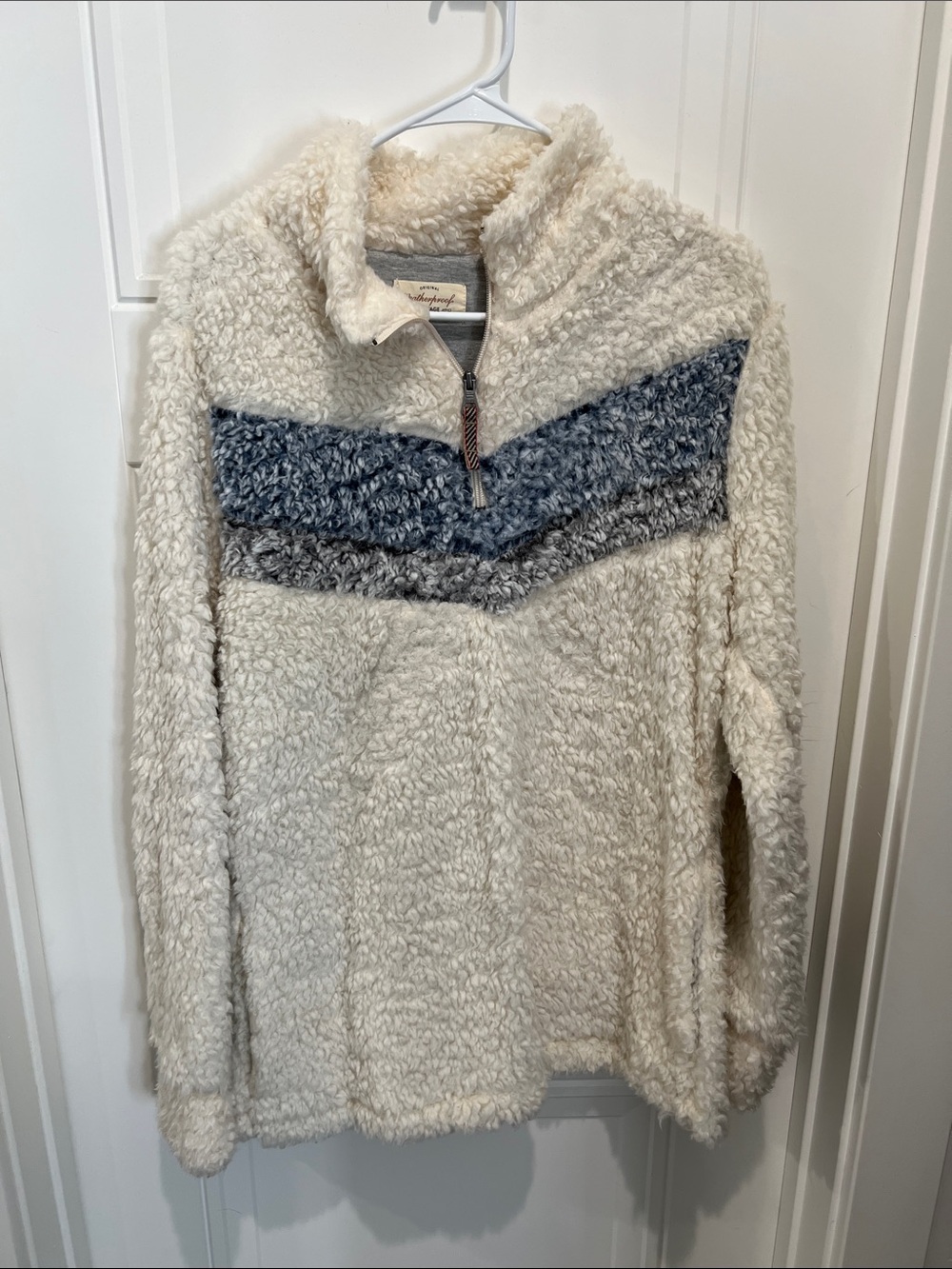 Weatherproof Cream Teddy Jacket with Blue and Gray Chevron